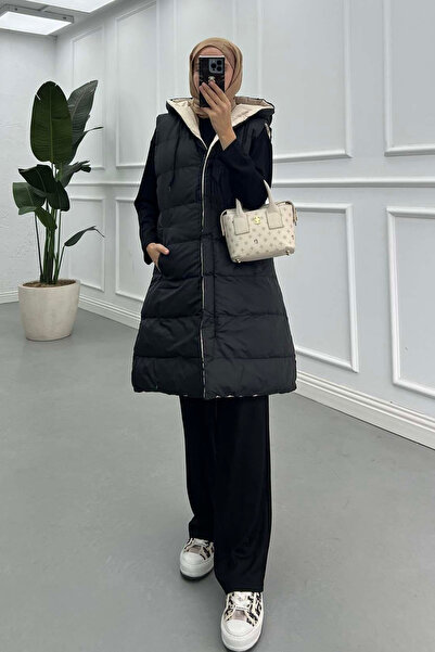 Tesettür Diyarı Hooded double-sided long inflatable vest - black beige