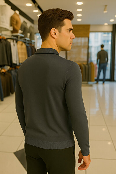 Maccali Men's Trend Zippered Long Sleeve Smoked Polo Neck Sweater