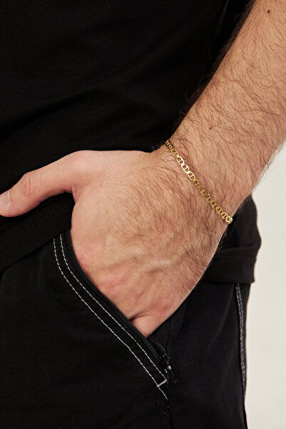 Ventino Silver 18K Altın Kaplama 4mm Barlı 925 Ayar Gümüş Erkek Zincir Bilekl...