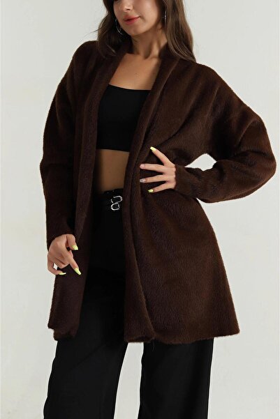 MİR Piedra Women Shawl Collar Oversized Comfortable Fit Soft Texture Bearded Cardigan