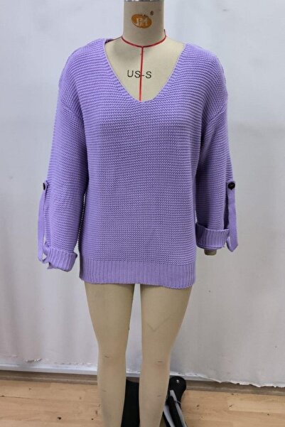 Mossta V-Neck Buttoned Knit Blouse - Lilac