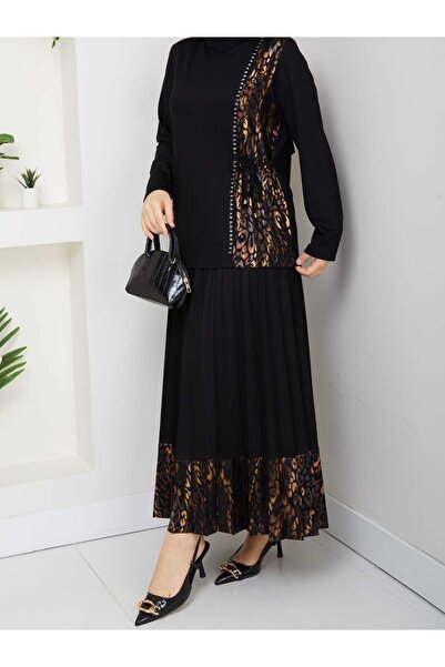 ALMİNA Combed Cotton Fabric Leopard Printed Skirt Suit