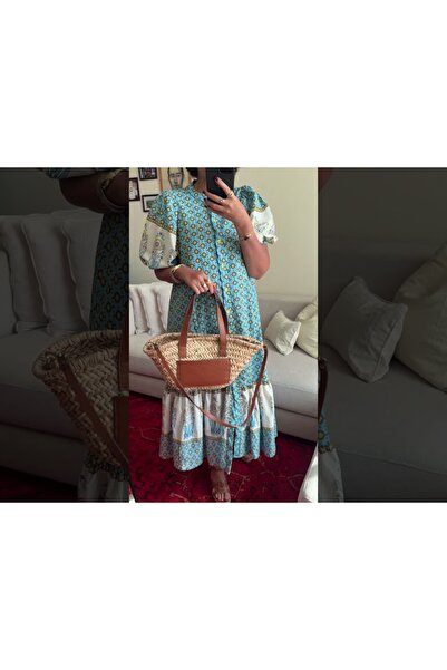 stellacloset Best-selling long cotton-texture dress, light blue with yellow polka dots (2025)