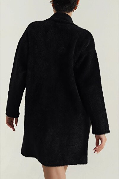 MİR Piedra Women's Black Shawl Collar Oversized Comfortable Fit Soft Texture Bearded Cardigan