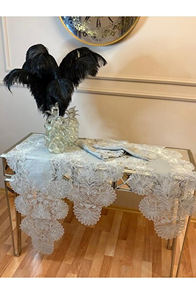 Ceki Home طقم صالون مكون من 5 قطع من الكتان الفرنسي المزين بالدانتيل بدون حوا...