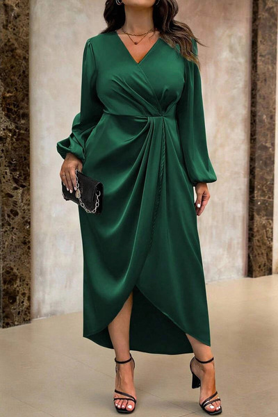 1fazlası Kadın Zümrüt Yeşili Kruvaze Yaka Kol ve Bel Lastik Büzgülü Drapeli S...