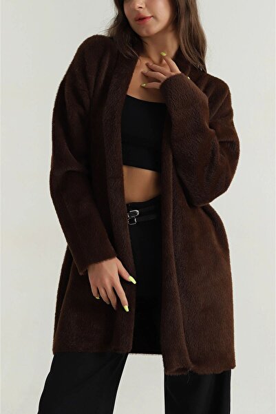 MİR Piedra Women Shawl Collar Oversized Comfortable Fit Soft Texture Bearded Cardigan