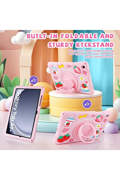 Coolden Samsung Galaxy Tab A9 Plus 11" case, 3D strawberry silicone, rotating stand, strap, pink