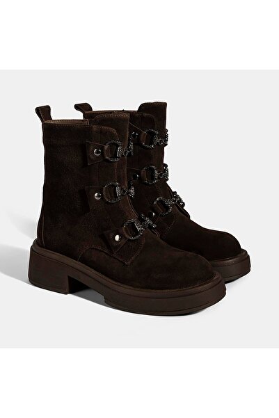 Desa Women's Brown Metal Buckle Detailed Suede Leather Boots