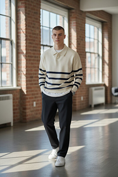 Kamalı Men's Polo Neck Striped Knitwear Sweater