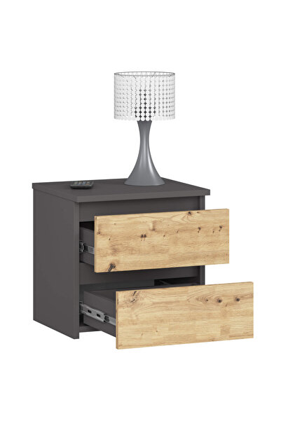 SERSIMO Bedside table with 2 drawers, laminated chipboard, 40x35x40 cm, gray and artisan oak