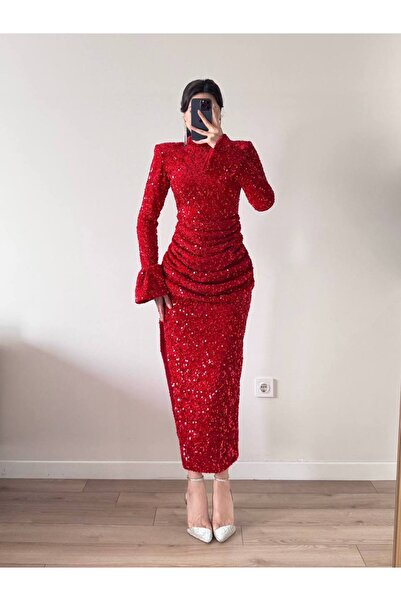 LOCH BUTİK Women's Red Mock Neck Maxi Slit Sequin Dress