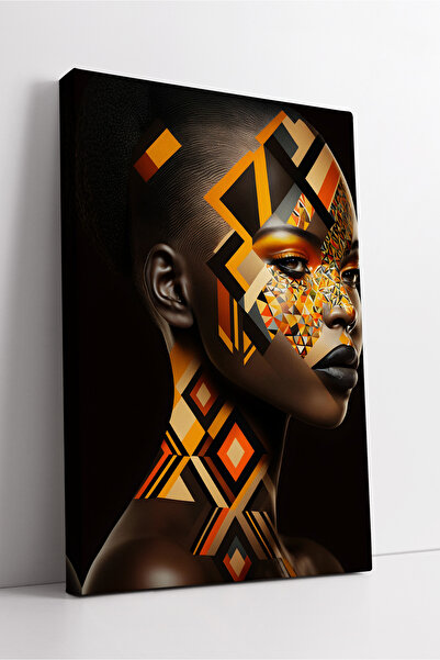 KOSS Dijital Portret de femeie africană cu profil cu model geometric, portocaliu și negru, pictură pe pânză, decor modern pentru casă