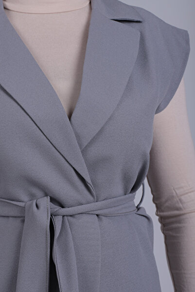 armonika Women's Gray Men's Collar Waist Belted Linen Look Vest Arm-25Y001079