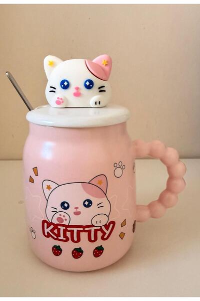 Tutku Suprizgift Kedi Kapaklı Kaşıklı Kupa