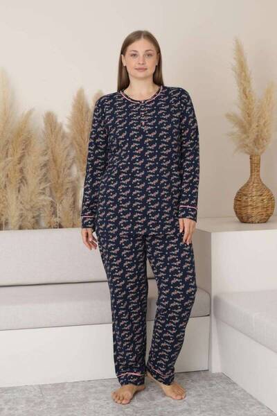ALİMER Plus Size Pajama Set - Floral Pattern Long Sleeve Stretch Fabric Combed Cotton 2885Ukb