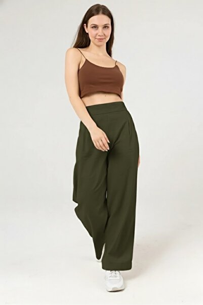 Atölye Güven Women's Khaki 100% Cotton High Waist Elastic Pleated Palazzo Pants