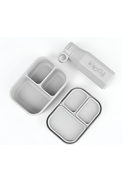 Riizzlr Pookie Silicone Bento Lunch Box & Water Bottle Set (3-Compartment, Light Grey)
