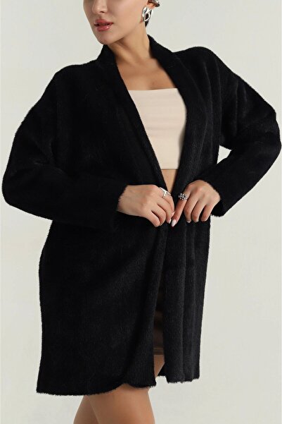 MİR Piedra Women's Black Shawl Collar Oversized Comfortable Fit Soft Texture Bearded Cardigan