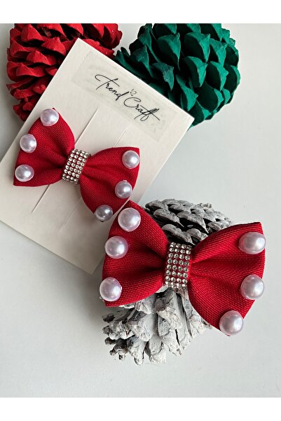 TrendCraft Kırmızı Renk 2’li Fiyonk Özel Tasarım İnci Boncuklu Klips Toka