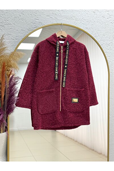 MİHRA STORE Aledra Hooded Double Pocket Zippered Cashmere Jacket-Zn4855 Burgundy