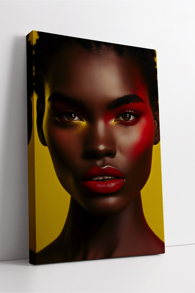 KOSS Dijital Portret de femeie africană cu machiaj roșu, cu fundal galben, pi...