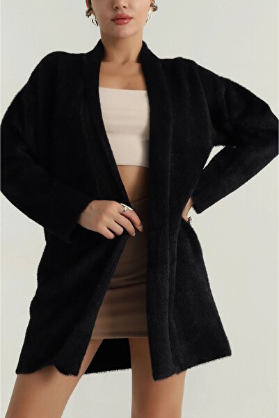 MİR Piedra Women's Black Shawl Collar Oversized Comfortable Fit Soft Texture Bearded Cardigan