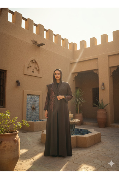 AYA عباية بليزر مطرزة باللون البني