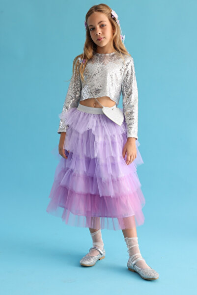 Le Mabelle Lilac Layered Tulle Girls' Long Skirt - Azalea