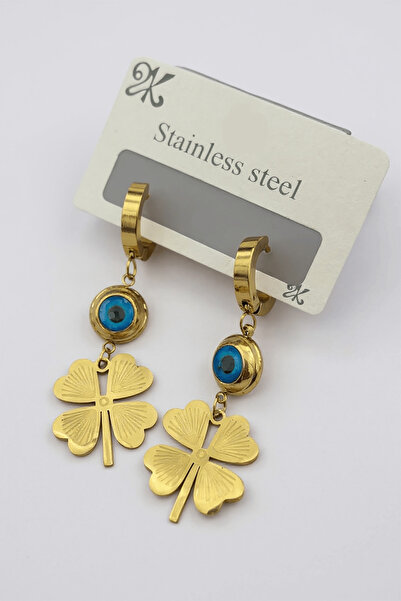 TAKIŞTIR Gold Color Clover Figured Evil Eye Bead Detailed Steel Earrings (Pair)
