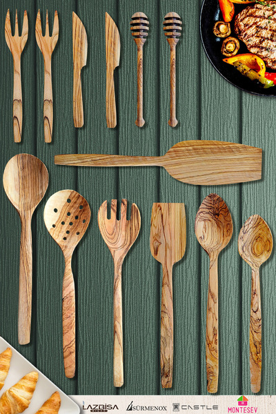 MONTESEV Zeytin Ağacı Ahşap Tahta Kaşık Çatal Bıçak Bal Kaşık Spatula Kevgir Seti Ağaç Kaşık 13 Lü Set