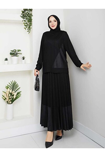 ALMİNA Combed Cotton Fabric with Fishnet and Leather Detail Skirt Suit