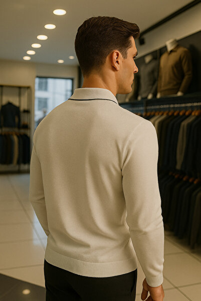 Maccali Men's Trend Zippered Long Sleeve White Polo Neck Sweater