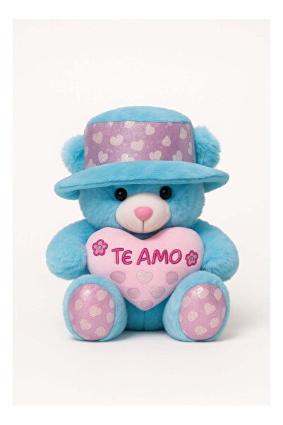 Generic Huggable Plush Blue Teddy Bear with Pink Heart & Cap - Soft Romantic Gift for Couples & Kids