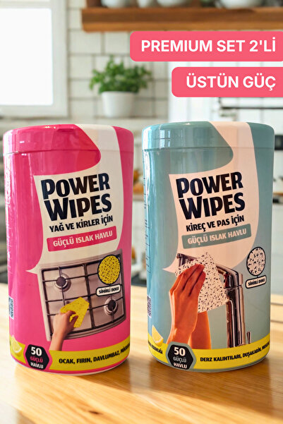 Power Wipes Yağ ve Kir + Kireç ve Pas Temizlik Havlusu 2’li Set (50+50 Adet)