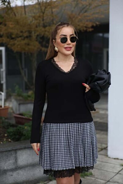 QİMYA BUTİK Buketli̇ Women's Pleated Plaid Skirt with V-Neck Lace Top Knitted Long Sleeve Short Dress
