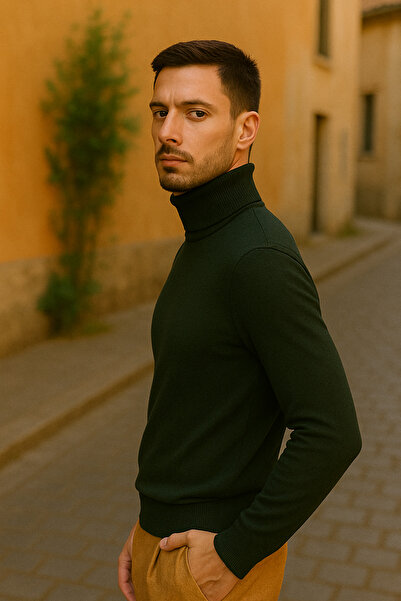 Maccali Men's Winter Trend Basic Khaki Turtleneck Knit Sweater