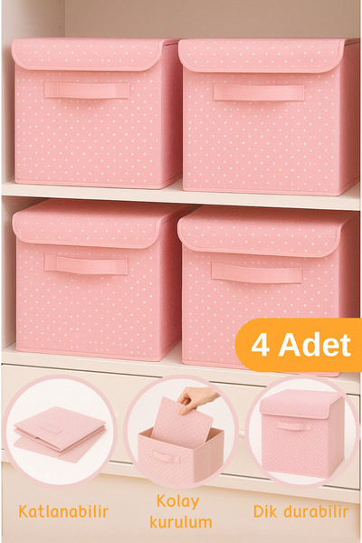 Serstil 4 Adet - Dolap İçi Düzenleyici Katlanır Kapaklı Saklama Kutusu 30x30x30cm - Pembe Benekli