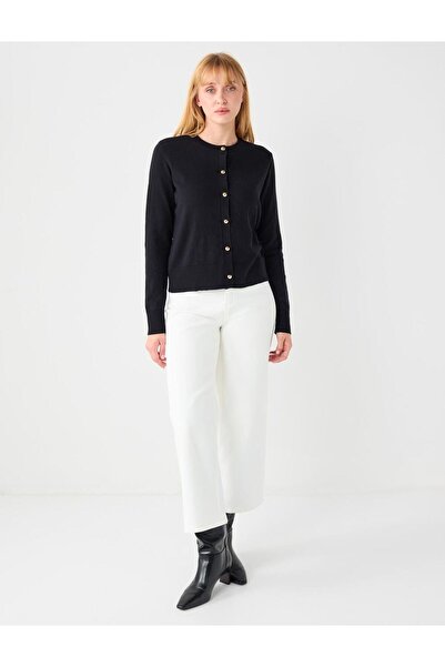 Jimmy Key Black Shiny Button Detailed Round Neck Knitwear Cardigan