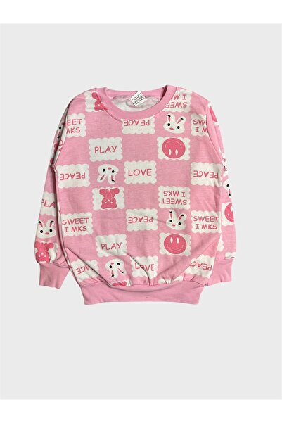 tusem butik homewear Girls' Cotton Fleece-Lined Pink Rabbit Patterned Long Sleeve Winter Pajamas Set