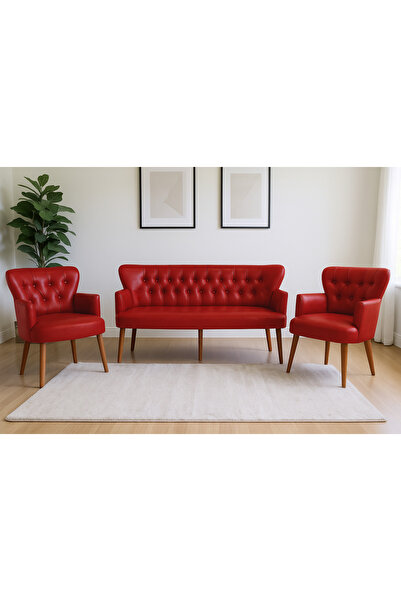 Azra Mobilya Kırmızı Deri Chester Tarz Koltuk Takımı Modern Tasarım, Dayanıkl...