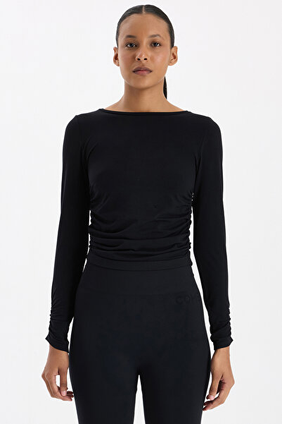COMEUP Top sport cu mâneci lungi și mâneci și laterale adunate, negru