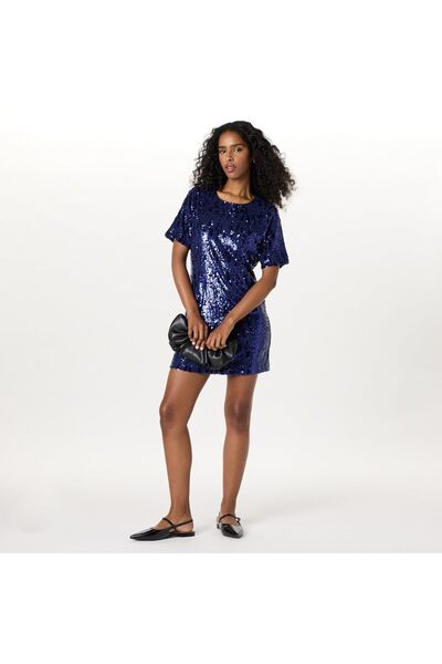 The Drop Women's short casual dress with long sleeves and sequins, dark blue, size M,