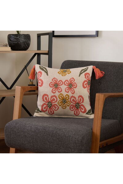 KUT FLY غطاء وسادة تريكو ناعم بنقشة زهور - بيج - 45x45 سم