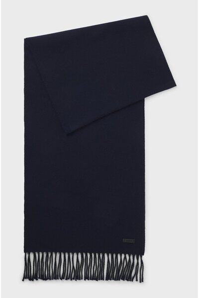 BOSS Men's Soft Wool Fabric Ends Tasseled Logo Patched Navy Blue Shawl & Scarf & Foulard 50517218-404