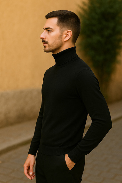 Maccali Men's Winter Trend Full Fisherman Black Turtleneck Sweater