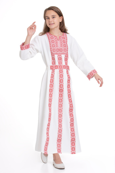 Zaytoon Children's Dress - White Palestinian Children's Dress with Red Stripes and Embroidery