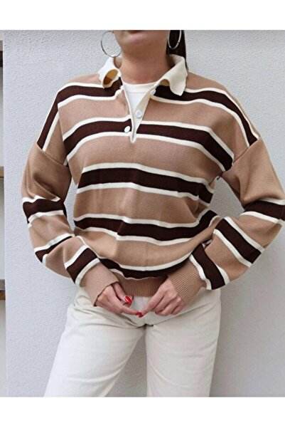 markazzi Striped Buttoned Polo Neck Women's Knitwear Sweater
