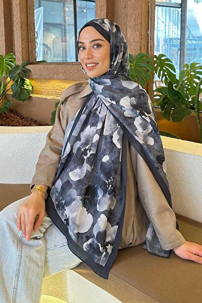 lamelif Batik Çiçek Desen Bambu Şal Antrasit