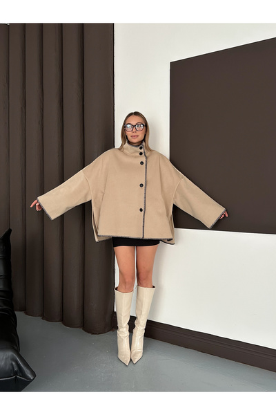 LE CARAMBOLE Γυναικείο μπουφάν μπεζ Shepherd's Stitched ψηλός λαιμός oversized Cashmere